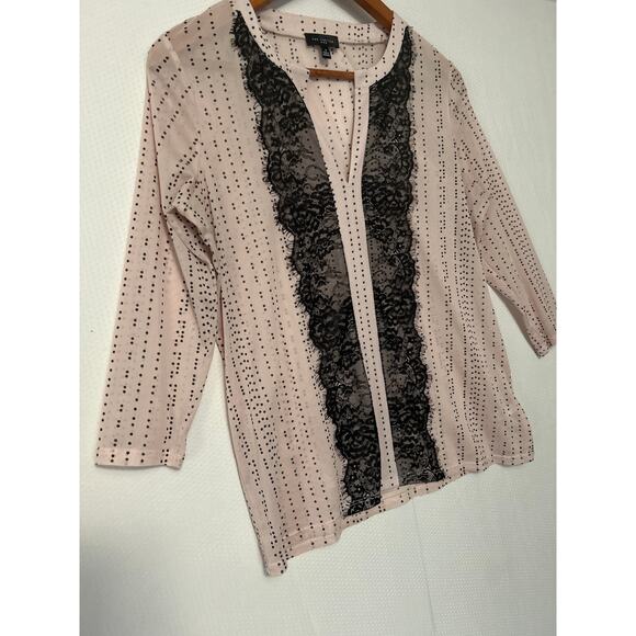 The Limited Women's Light Pink Black Micro Dot Blouse Lace Sheer V-Neck Medium - Picture 4 of 11